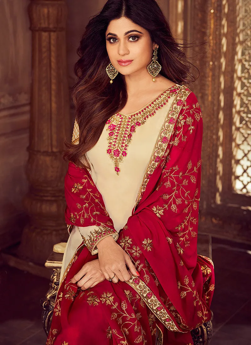 Beige And Crimson Traditional Embroidered Palazzo Suit