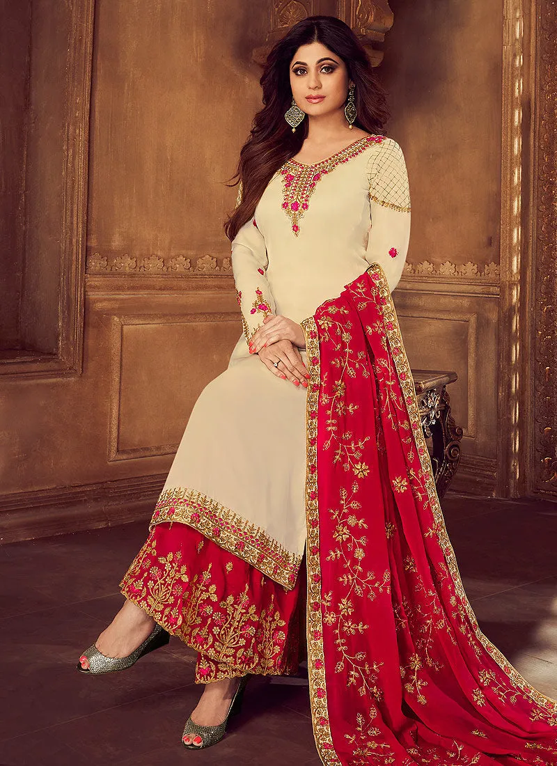 Beige And Crimson Traditional Embroidered Palazzo Suit