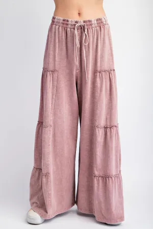 Easel Mauve Mineral Wash Tiered Wide Leg Pant