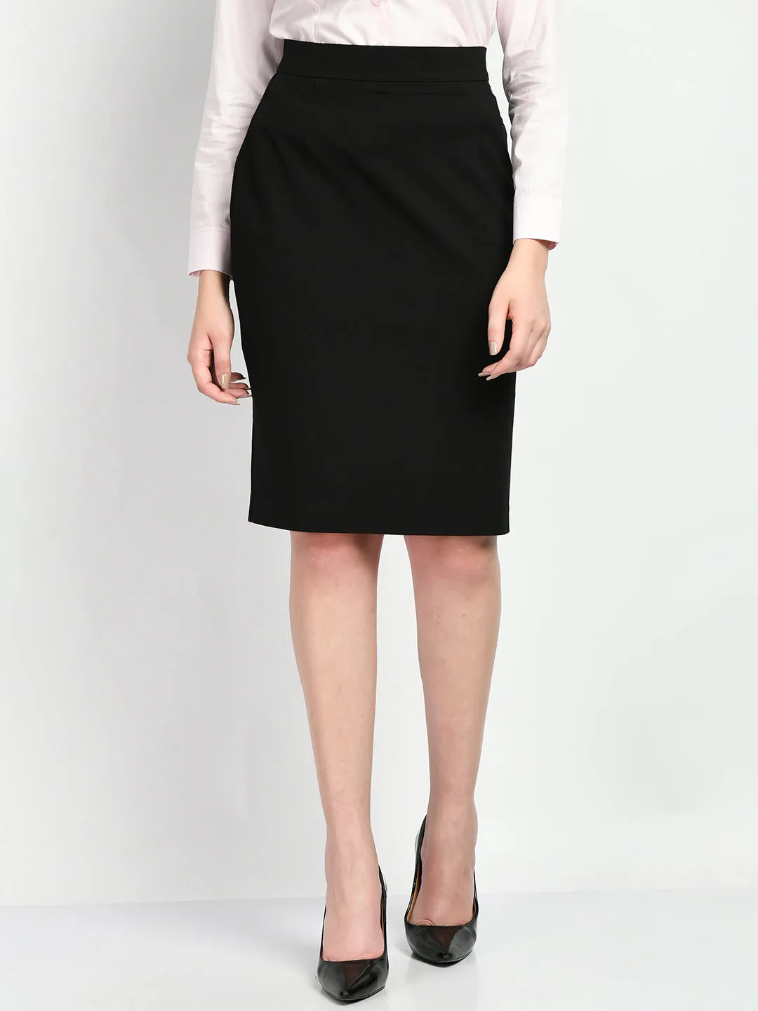 Exude Leadership Solid 4 Way Stretch Pencil Skirt (Black)