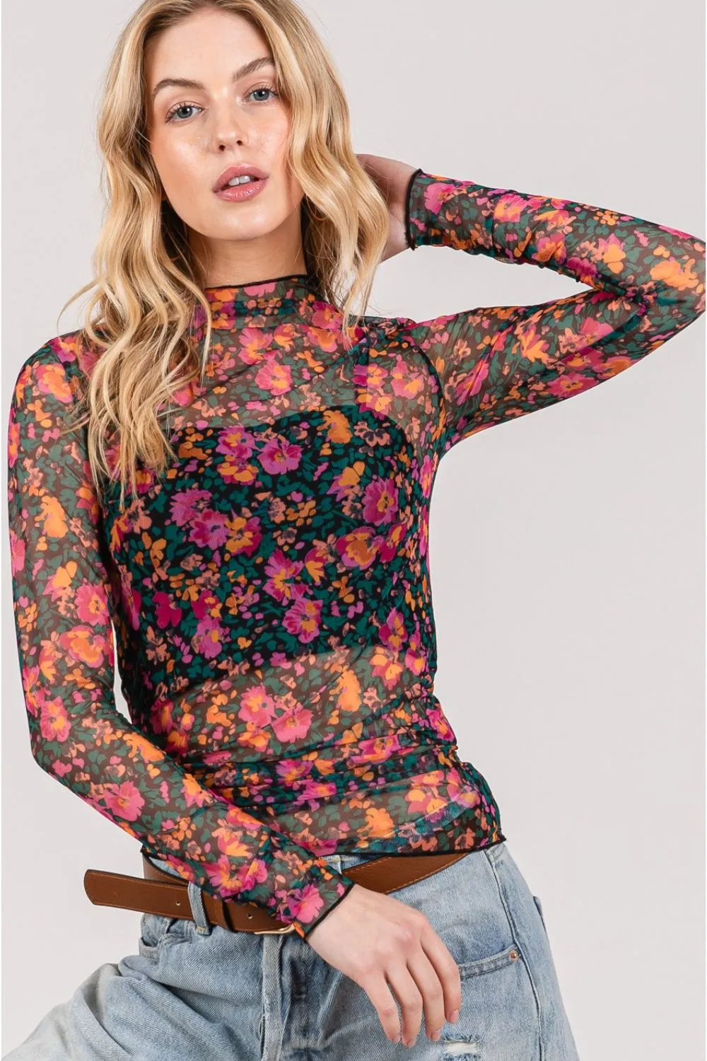 Floral Mesh Long Sleeve Top