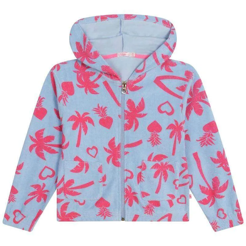 Girls Blue & Pink Palm Tree Towelling Hooded Jacket