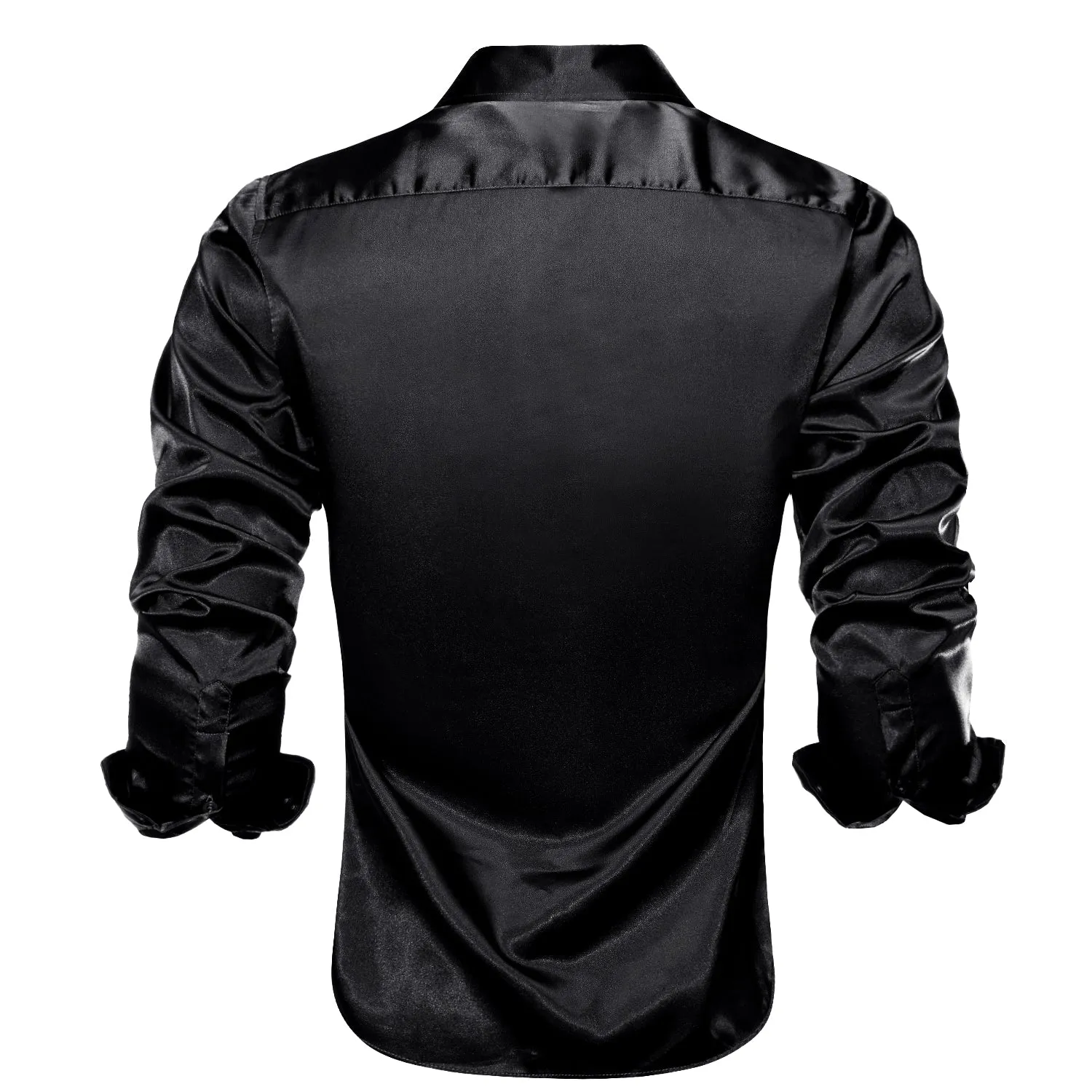 Hi-Tie Black Silk Shirt Solid Satin Men's Long Sleeve Dress Shirt