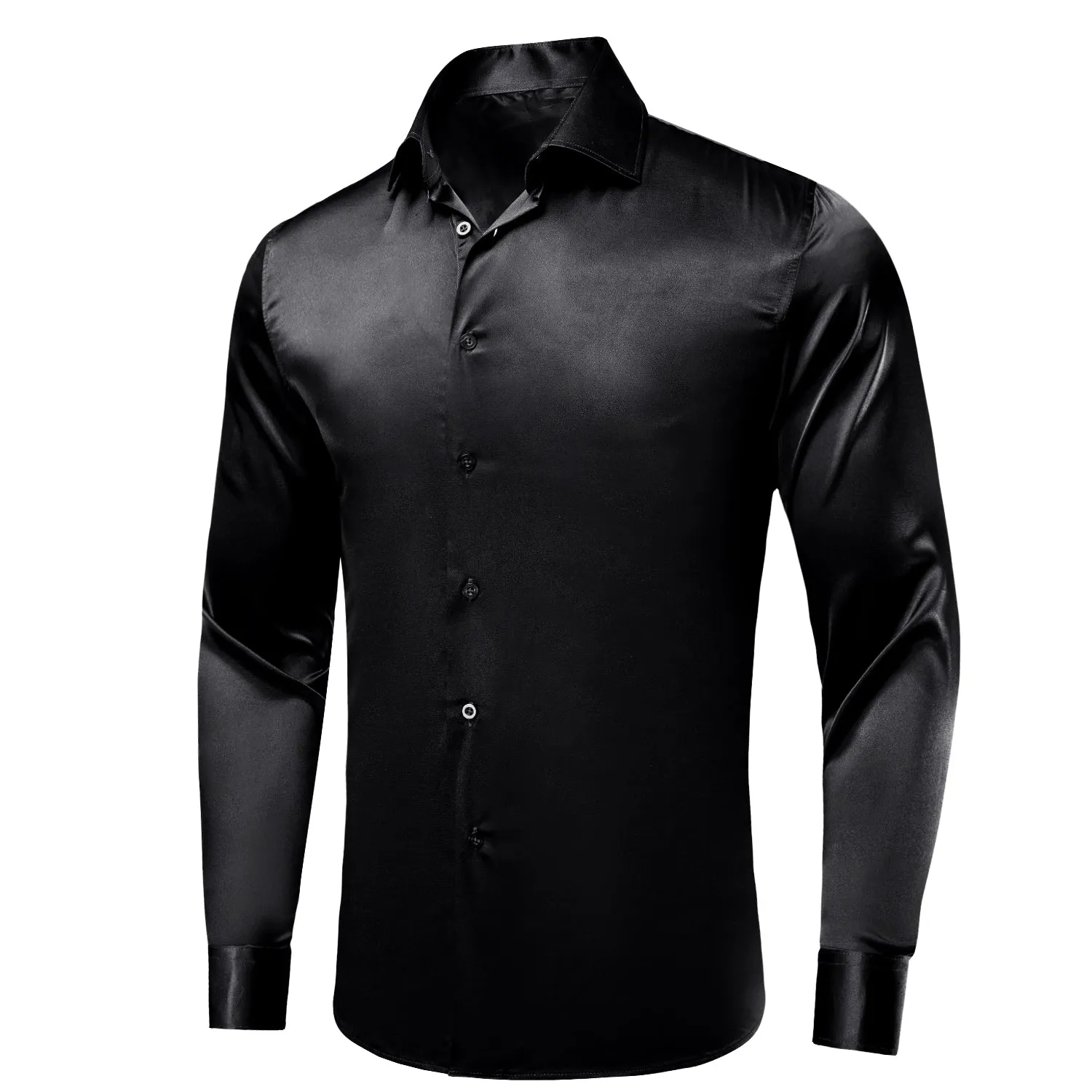 Hi-Tie Black Silk Shirt Solid Satin Men's Long Sleeve Dress Shirt