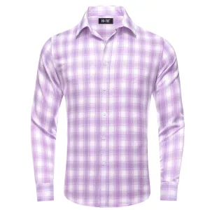 Hi-Tie Button Down Shirt Purple White Plaid Men's Silk Long Sleeve Shirt