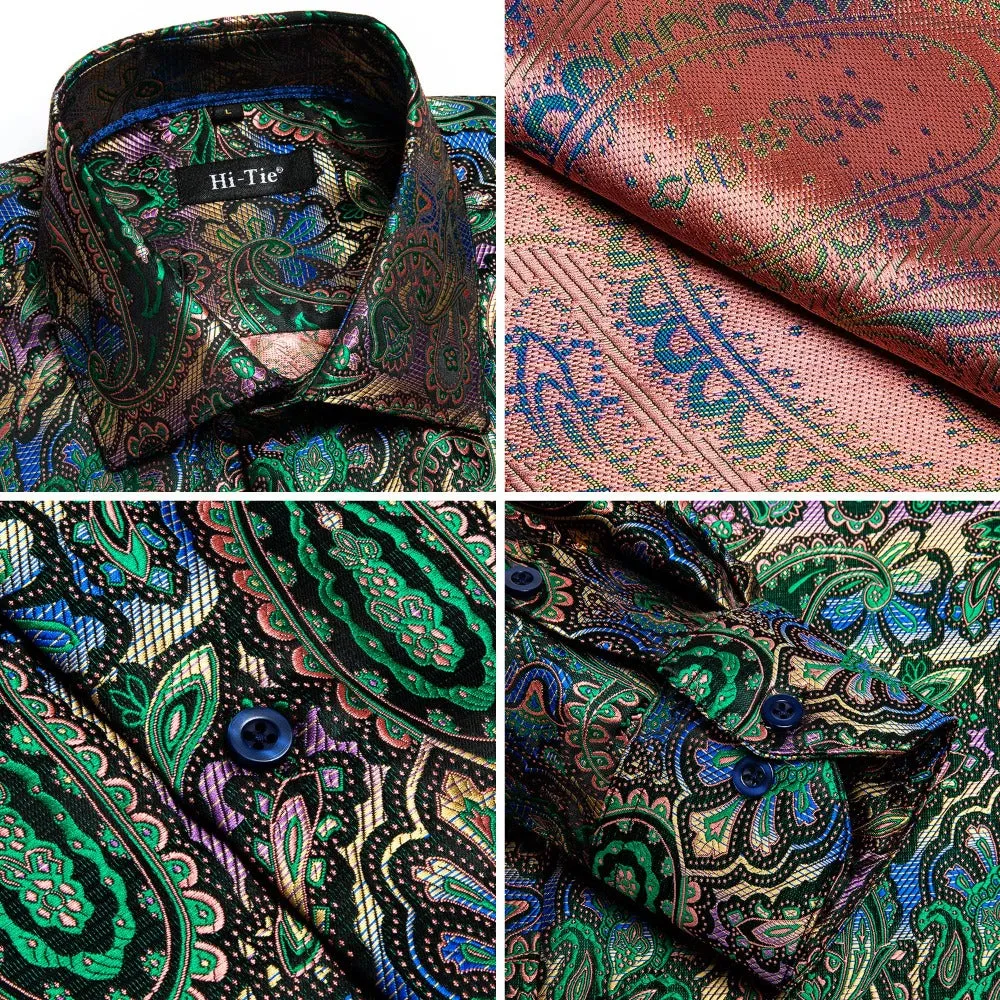 Hi-Tie Green Blue Paisley Shirt Long Sleeve Shirt