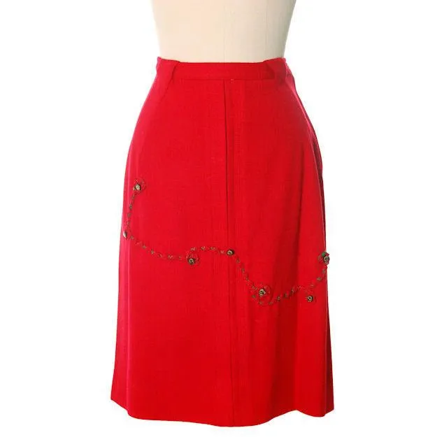 Hot Lipstick Red Vintage Pencil Skirt  Wool w Passementerie Braid On Front 1950s Waist 29"