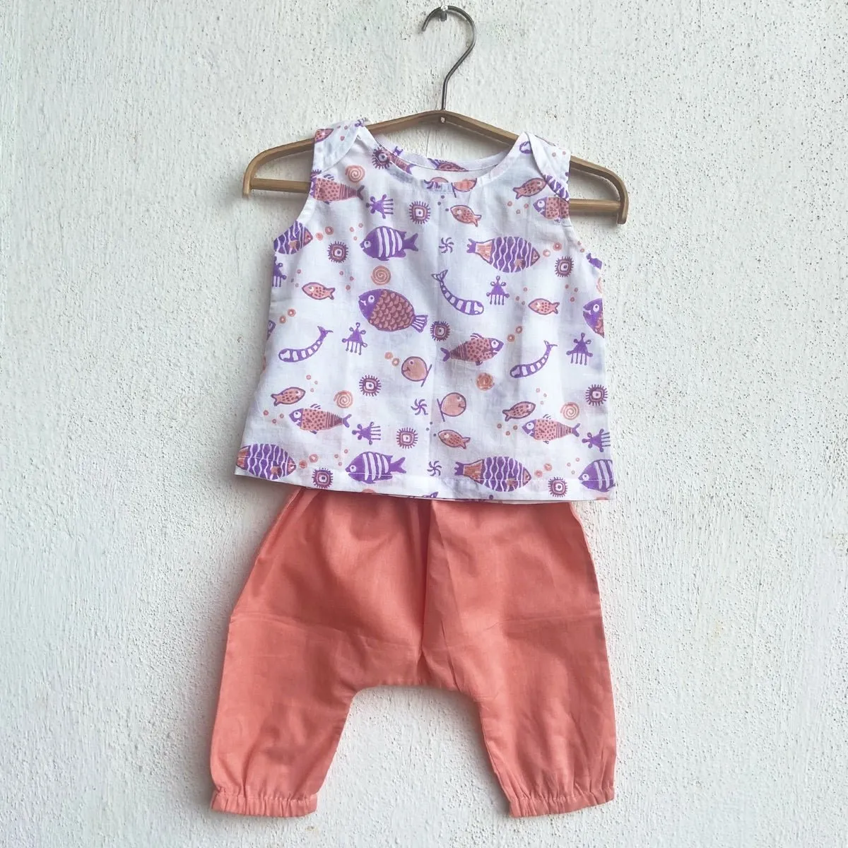 Kids Unisex Organic Cotton Koi Peach Jhabla with Peach Pants