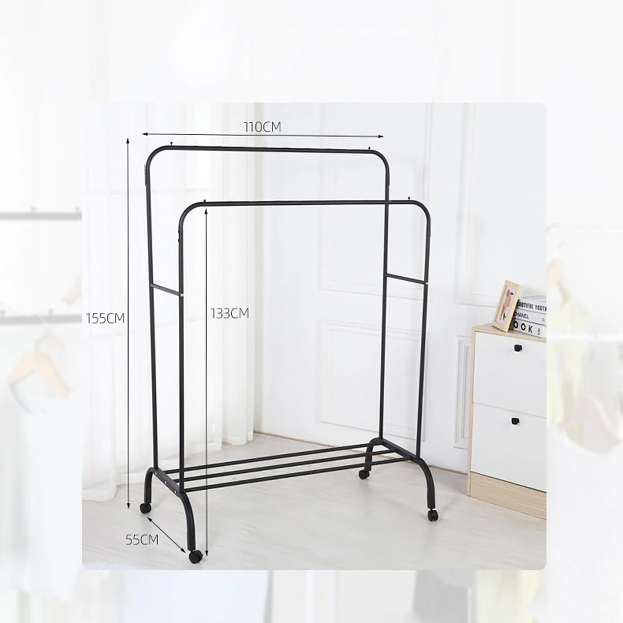 Kuber Industries Pack of 2 Double Rod Adjustable Clothing rack | Stainless Steel| Foldable Garment Organiser on Wheels| Rolling Bars|Color-Black| TW602BK