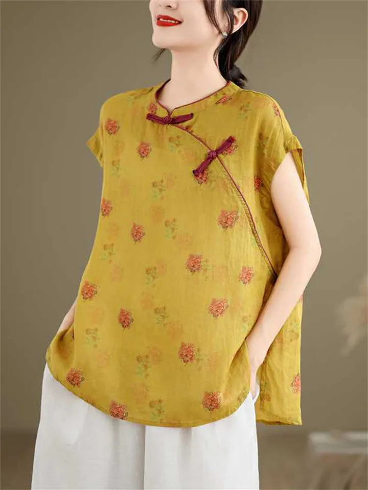 Lightweight Floral Printed Tang Suit Shirt for Women