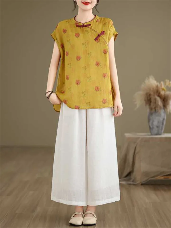 Lightweight Floral Printed Tang Suit Shirt for Women