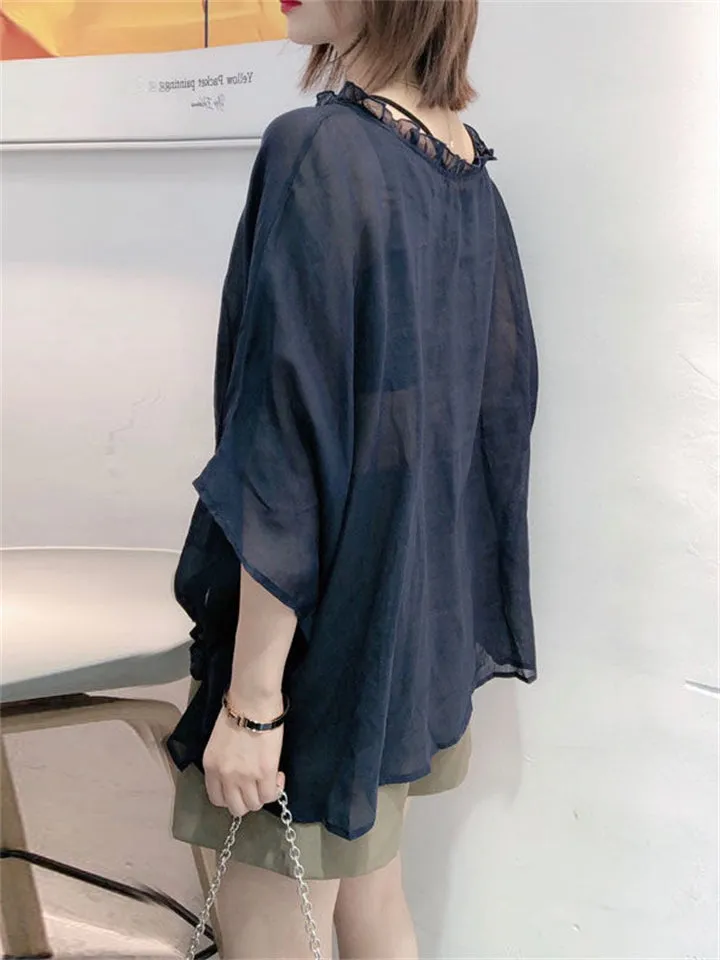 Lightweight Women's Ruffled Trim Batwing Sleeve Shirt