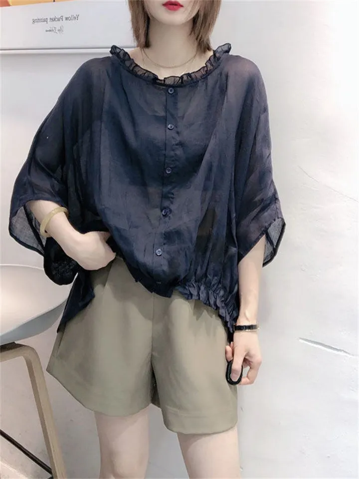 Lightweight Women's Ruffled Trim Batwing Sleeve Shirt