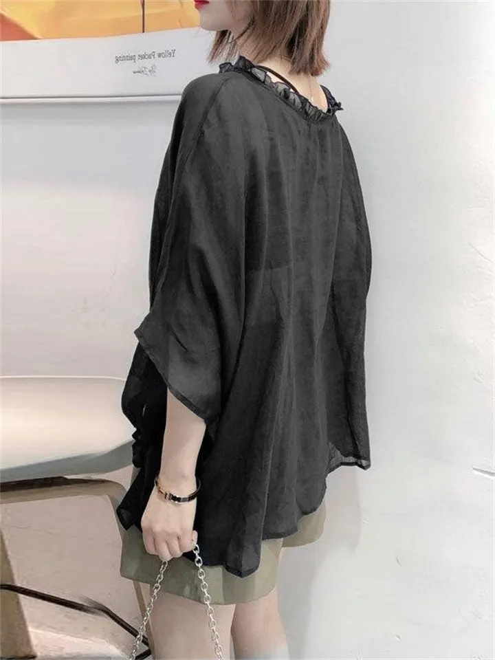 Lightweight Women's Ruffled Trim Batwing Sleeve Shirt