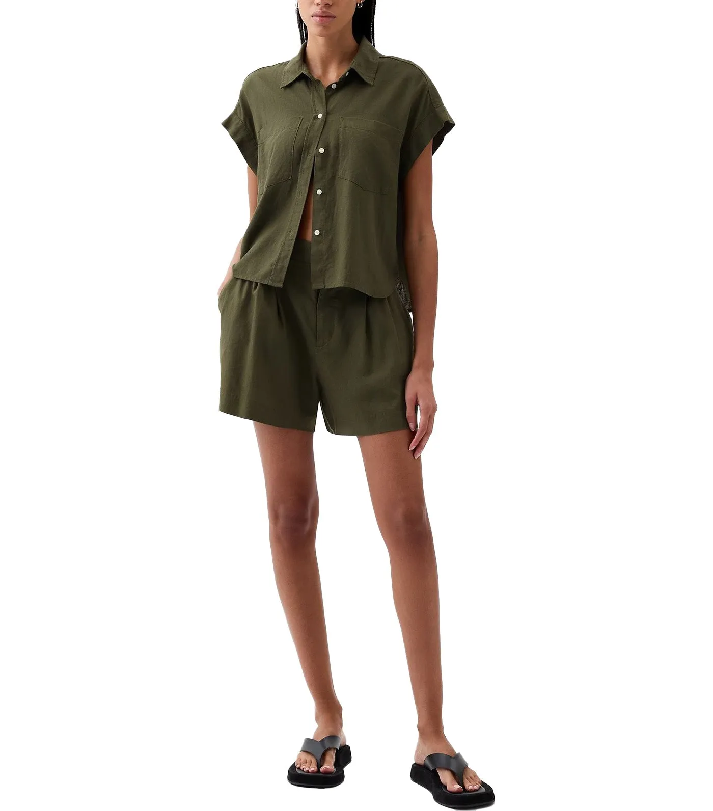 Linen-Blend Cropped Shirt Olive Night