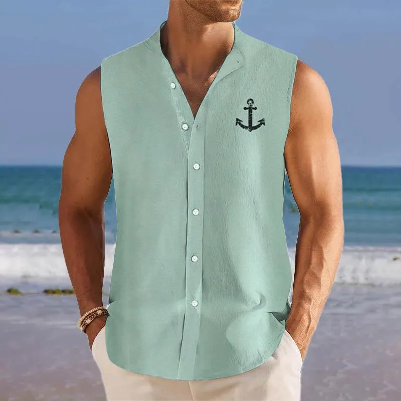 Men's Breathable Linen Lapel Beach Sleeveless Shirt 62739312YM