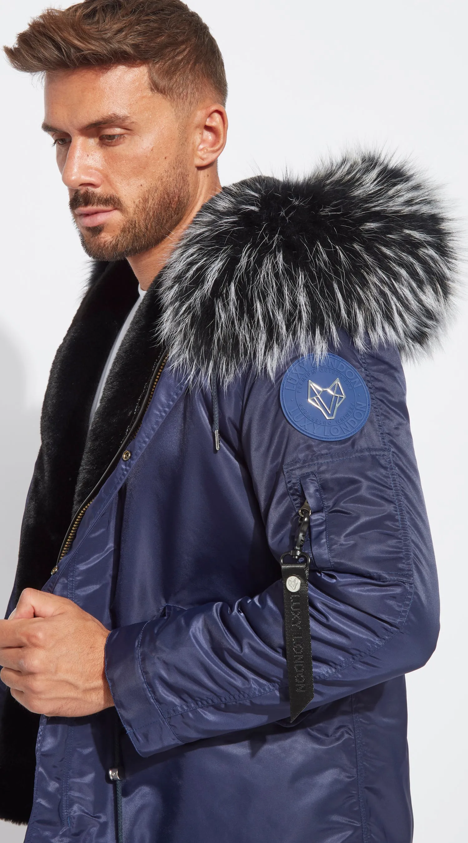 Mens Navy Water-Repellent Luxy Fur Parka - Black Mist