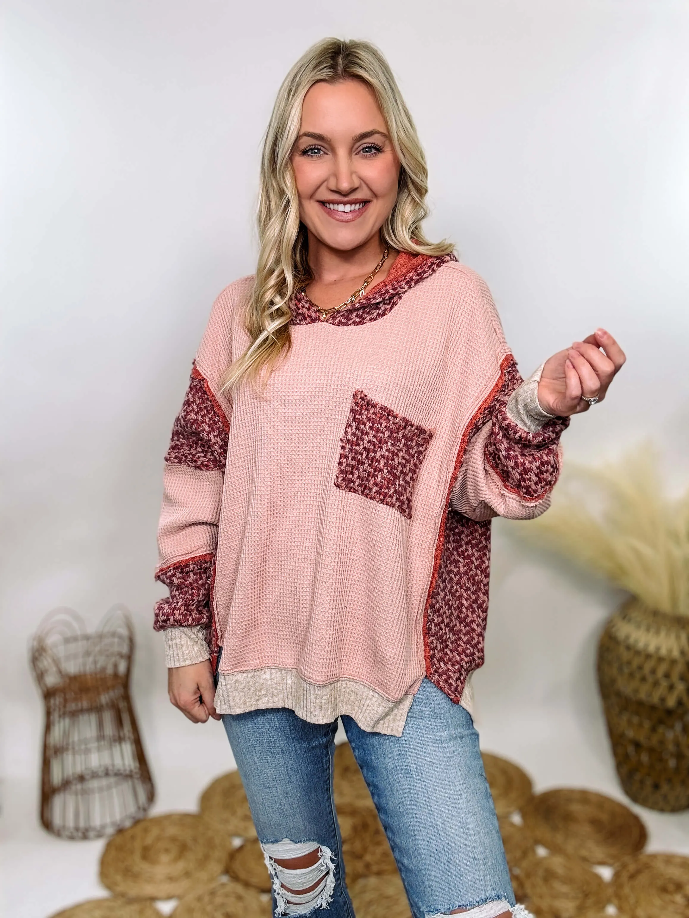 Mixed Fabric Patchwork Thermal Hoodie in Mauve Pink