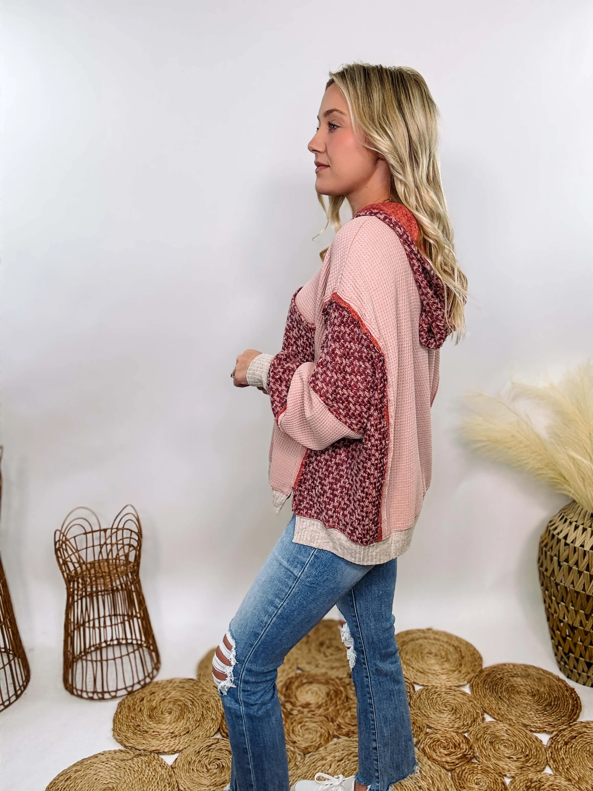 Mixed Fabric Patchwork Thermal Hoodie in Mauve Pink