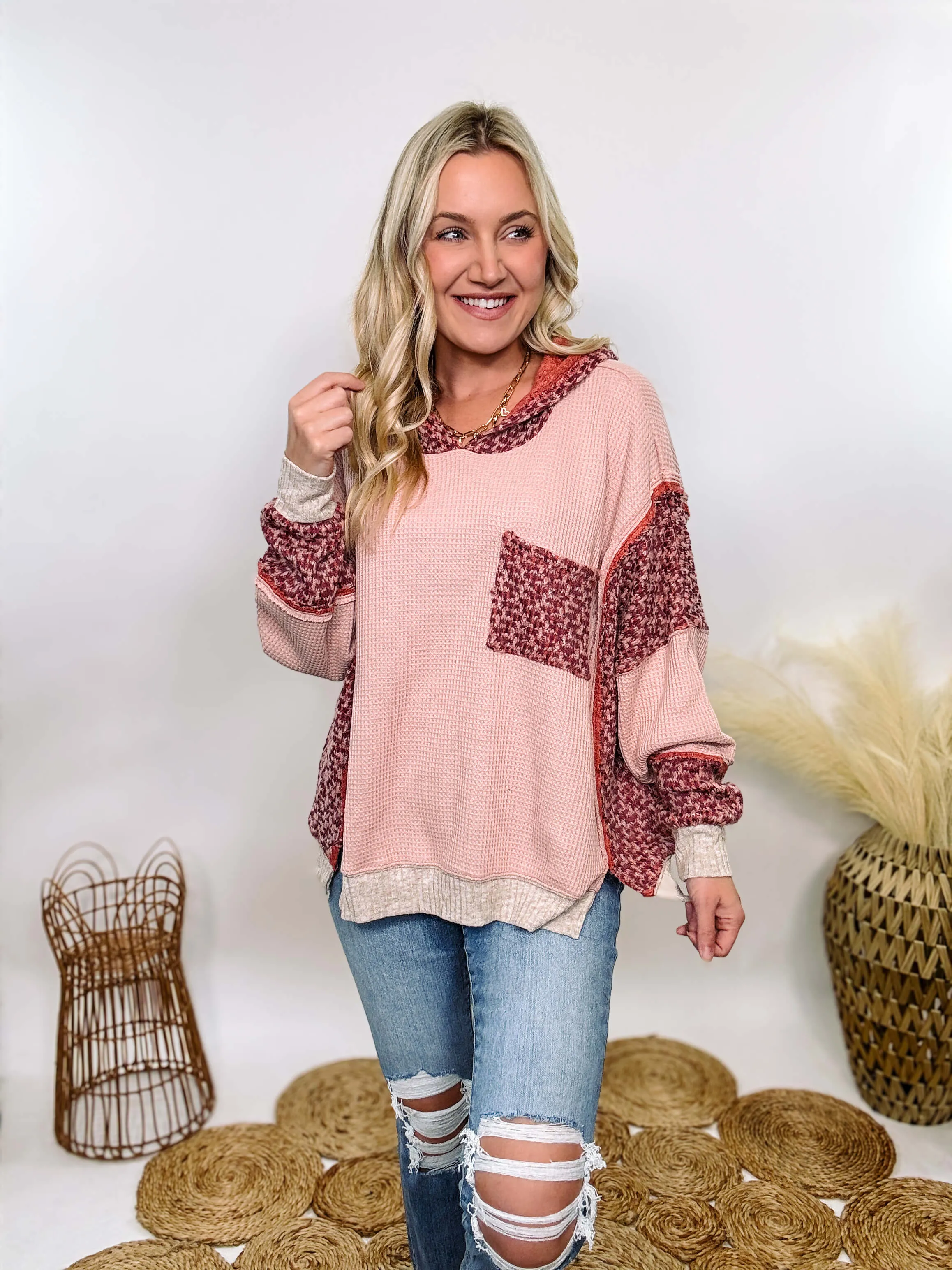 Mixed Fabric Patchwork Thermal Hoodie in Mauve Pink