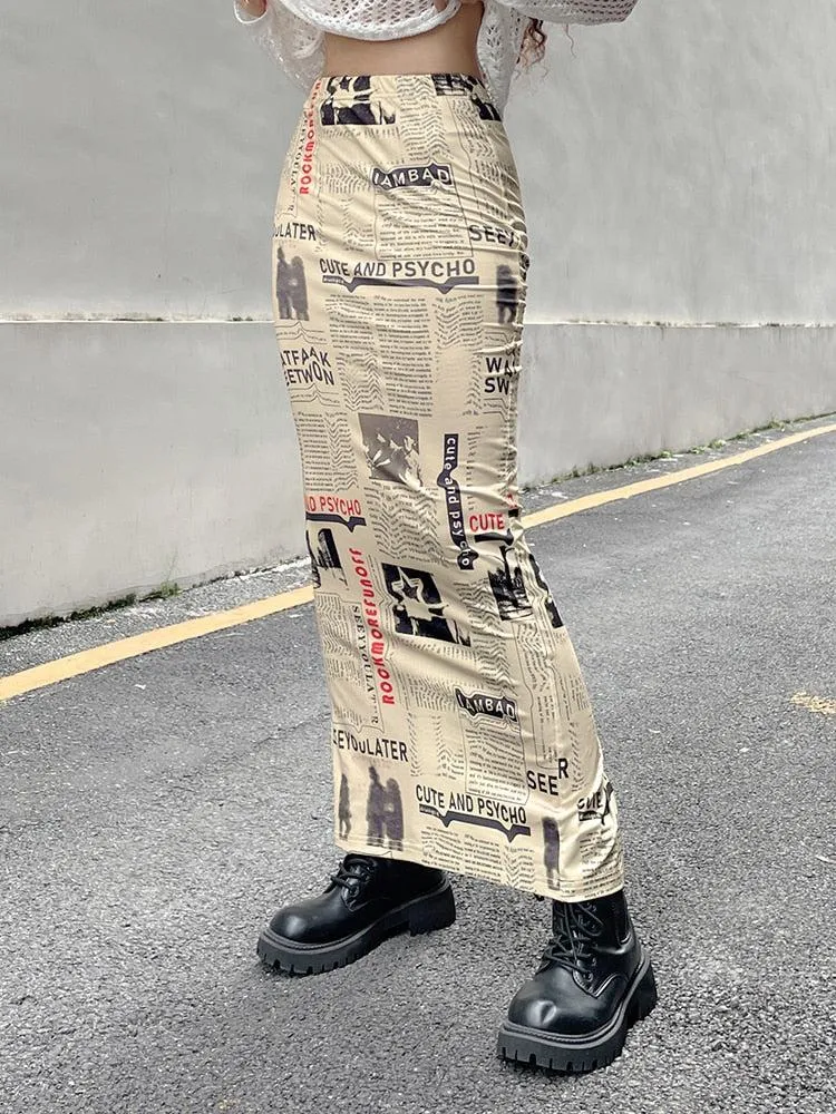 Newspaper Printed Maxi Skirt