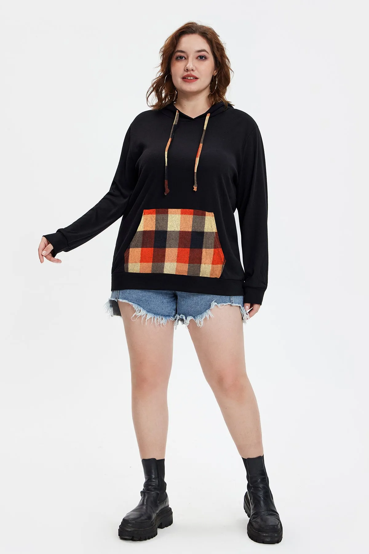 Plaid Pocket Black Hoodie Sweatshirt