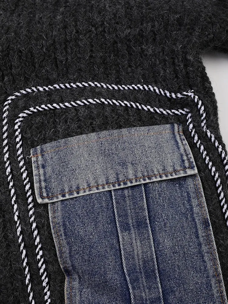 Pre Order:  Denim Patch Pockets Knit Sweater