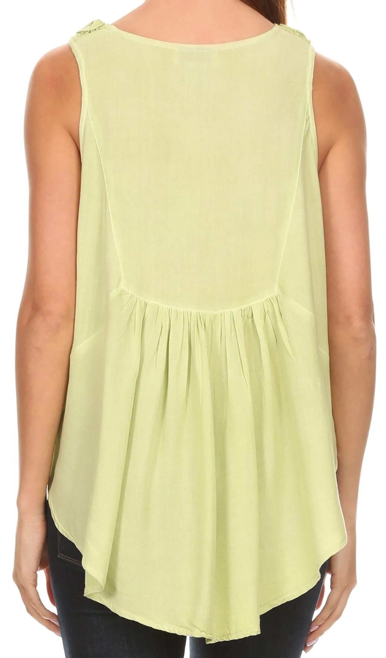 Sakkas Aubrey Delicate Draped Ruffled Embroidered Scooped Neck Sleeveless Blouse