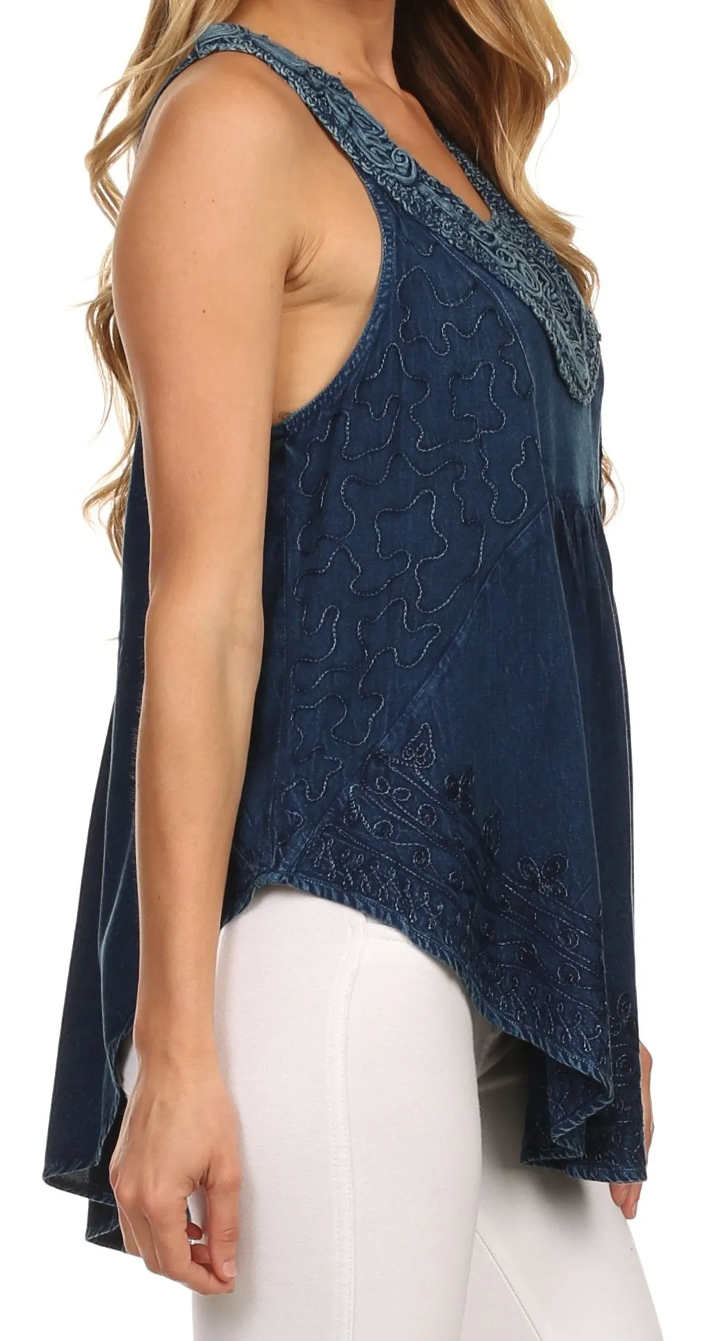 Sakkas Aubrey Delicate Draped Ruffled Embroidered Scooped Neck Sleeveless Blouse