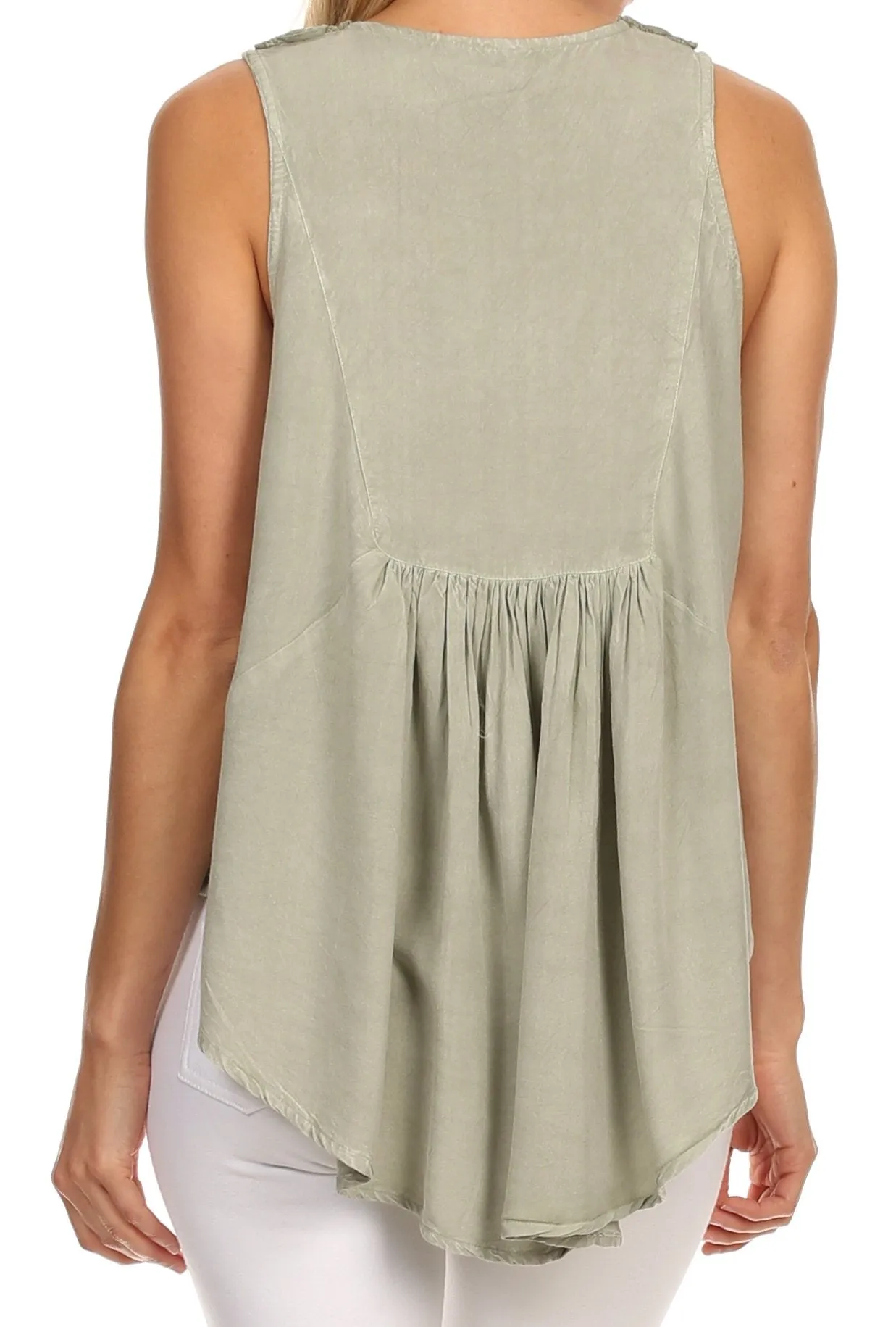 Sakkas Aubrey Delicate Draped Ruffled Embroidered Scooped Neck Sleeveless Blouse