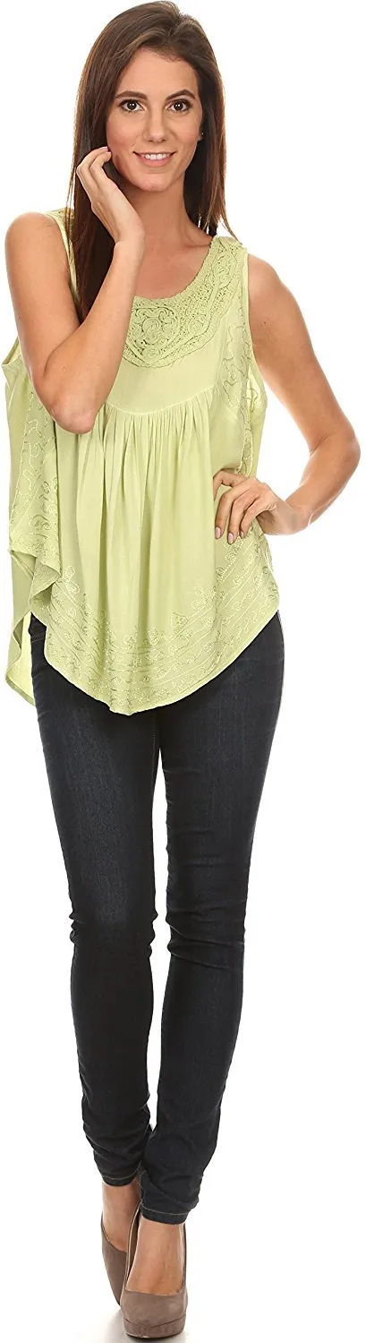 Sakkas Aubrey Delicate Draped Ruffled Embroidered Scooped Neck Sleeveless Blouse