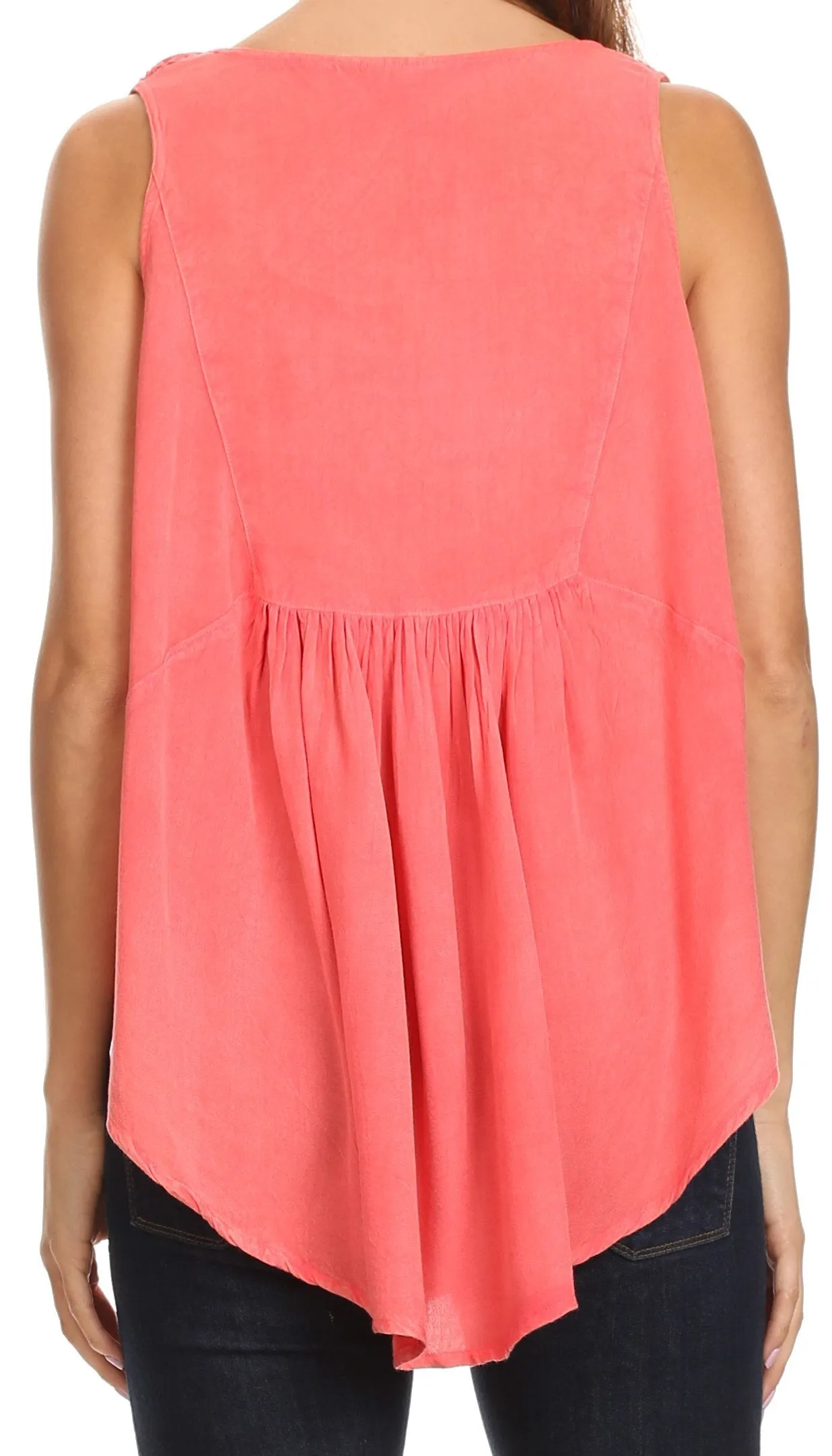 Sakkas Aubrey Delicate Draped Ruffled Embroidered Scooped Neck Sleeveless Blouse