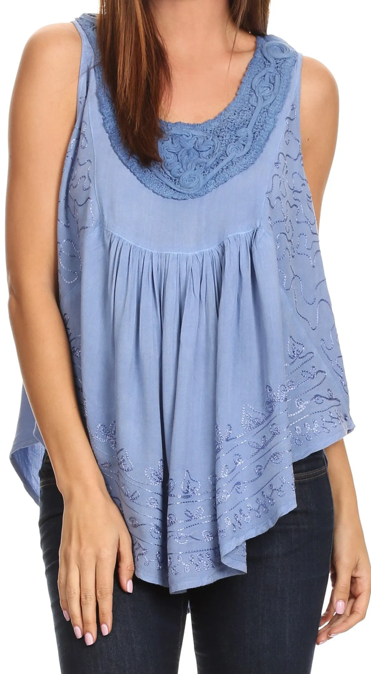 Sakkas Aubrey Delicate Draped Ruffled Embroidered Scooped Neck Sleeveless Blouse