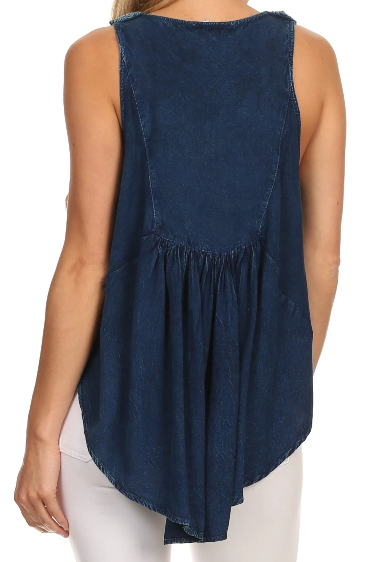 Sakkas Aubrey Delicate Draped Ruffled Embroidered Scooped Neck Sleeveless Blouse