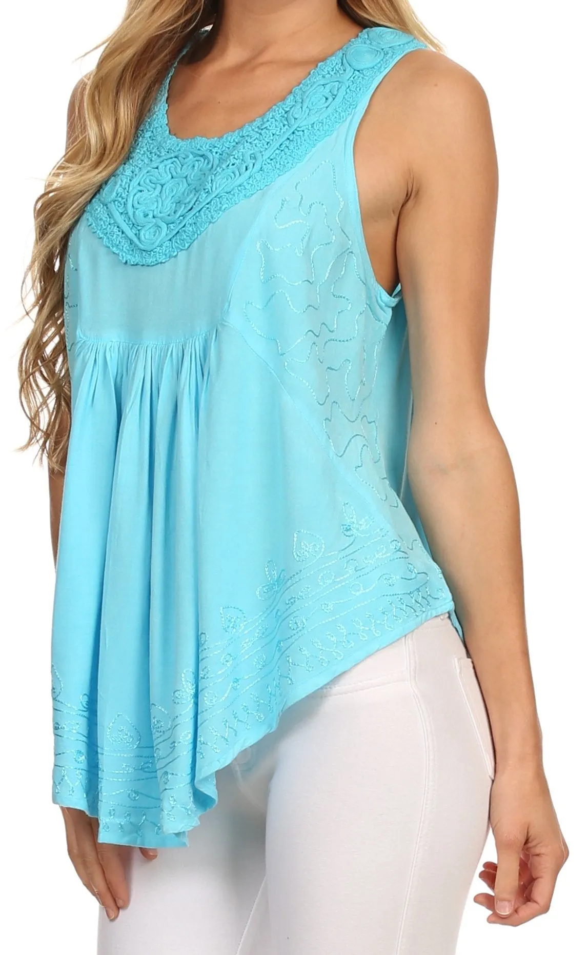 Sakkas Aubrey Delicate Draped Ruffled Embroidered Scooped Neck Sleeveless Blouse