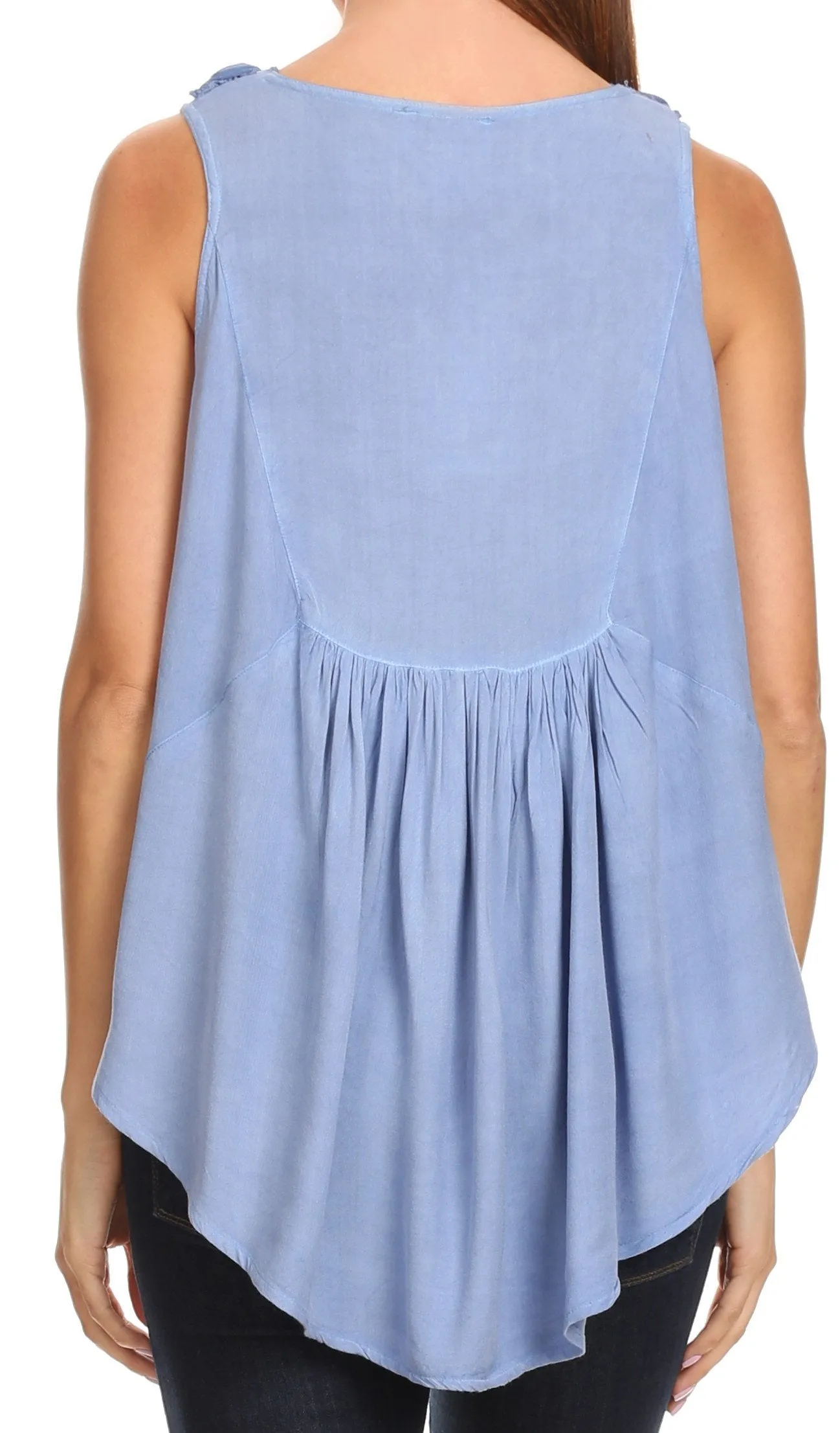 Sakkas Aubrey Delicate Draped Ruffled Embroidered Scooped Neck Sleeveless Blouse