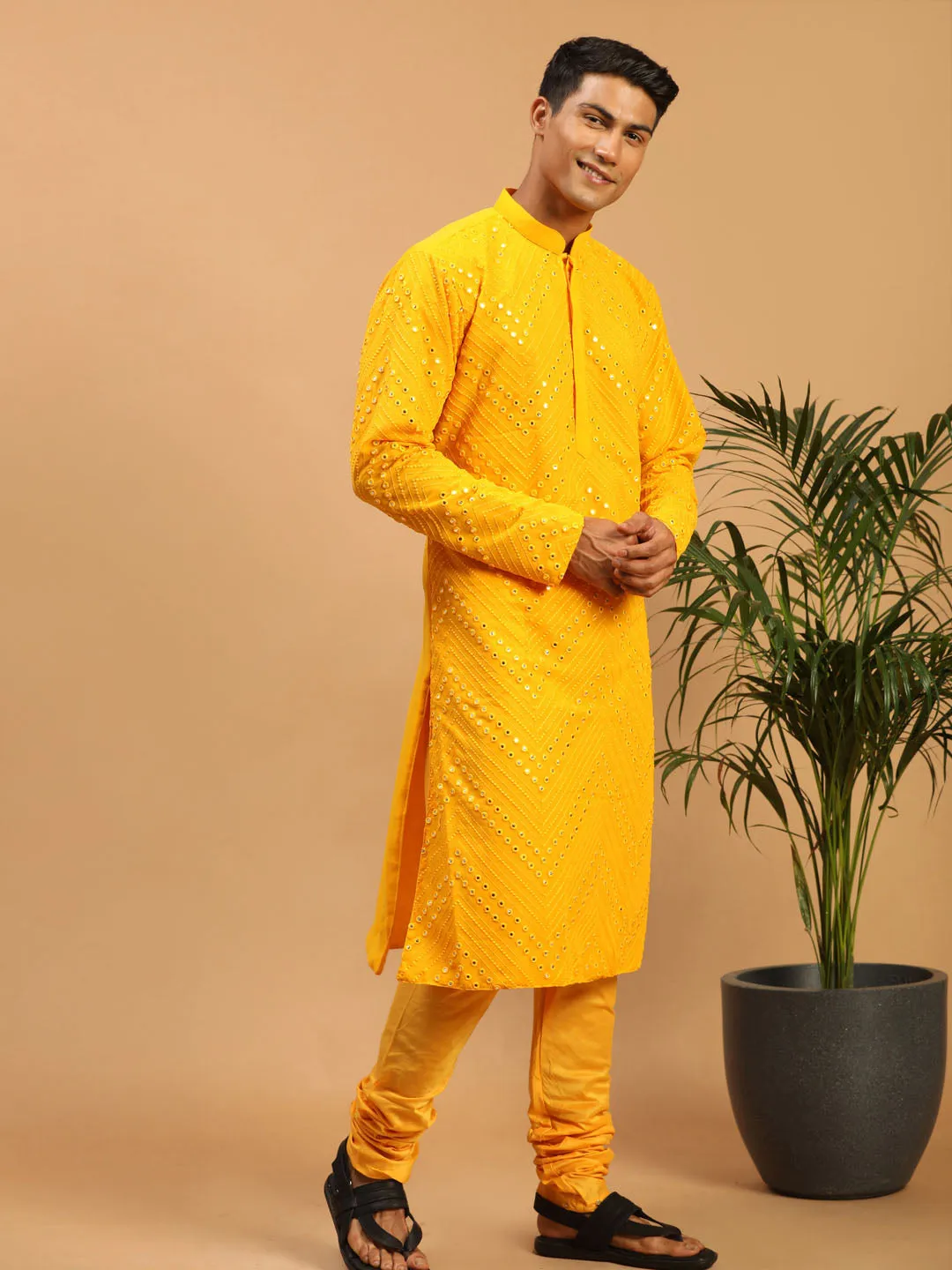 SHRESTHA By VASTRAMAY Men's Yellow Mirror Kurta