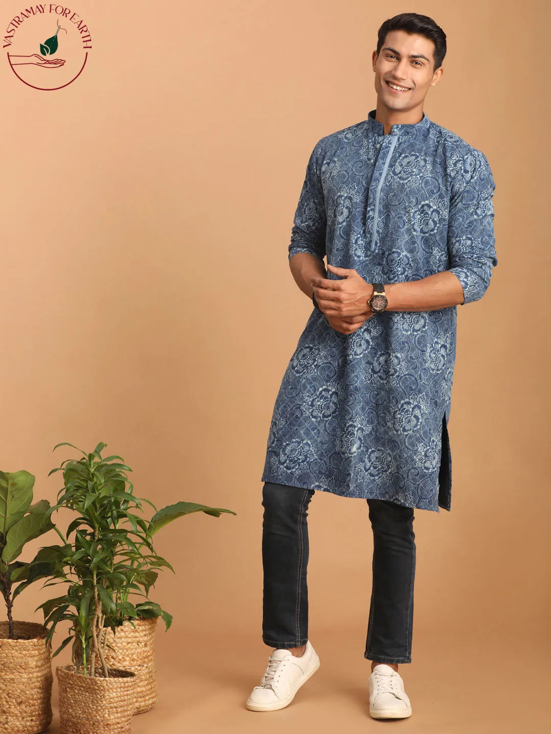 SHVAAS By VASTRAMAY Men's Blue Dot Printed Denim Kurta