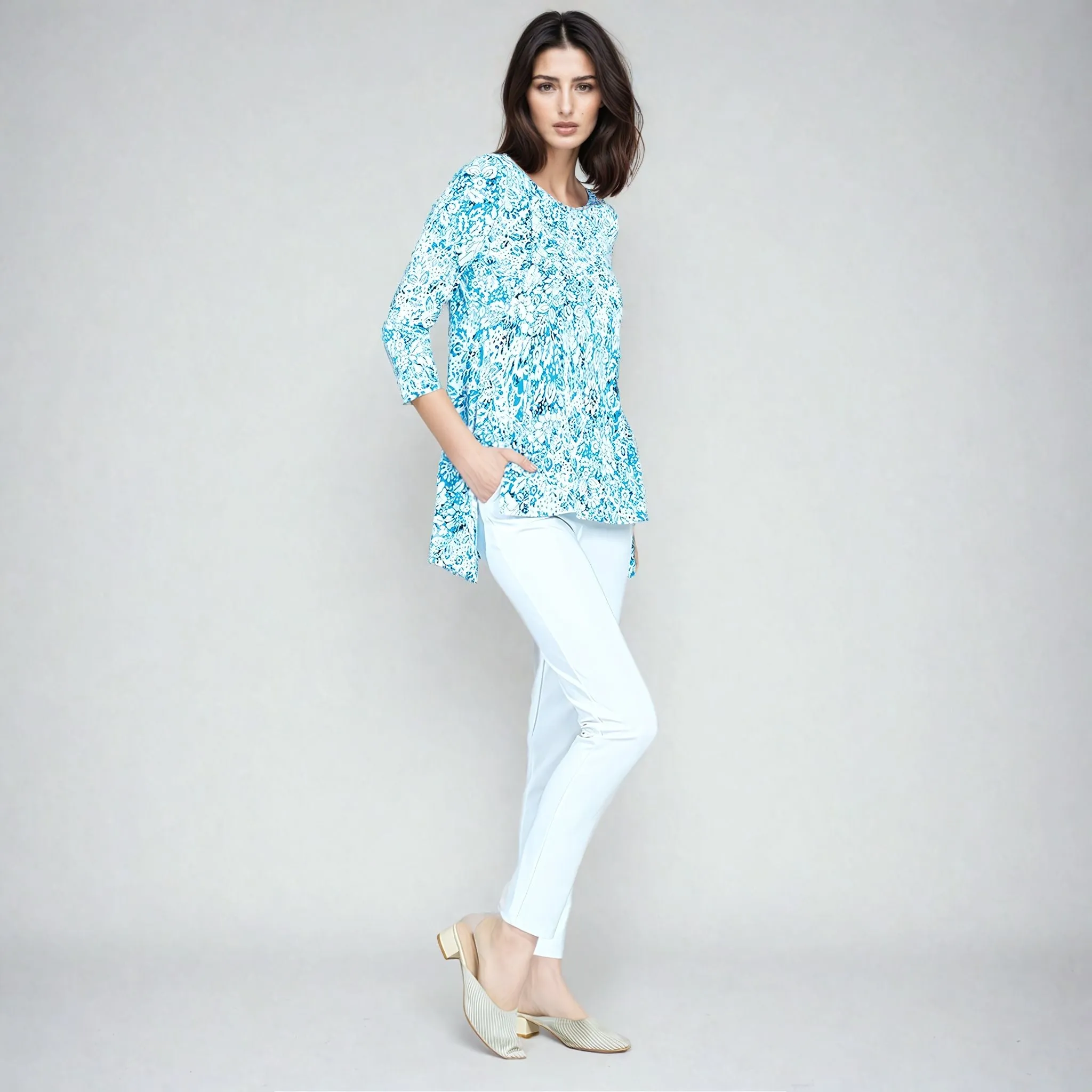 Textured Parachute Hem Tunic - Floral Rain-Turquoise - Final Sale!