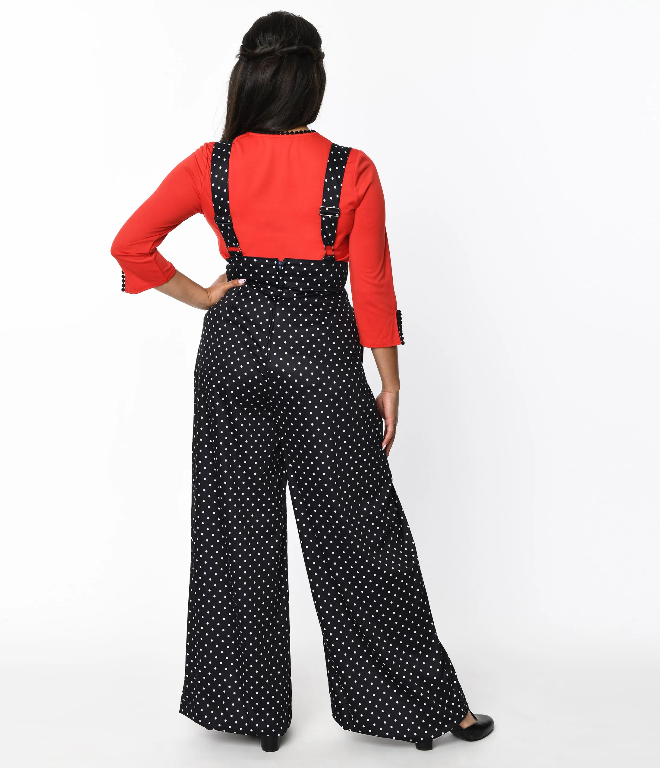 Unique Vintage Black & White Pin Dot Rochelle Suspender Pants