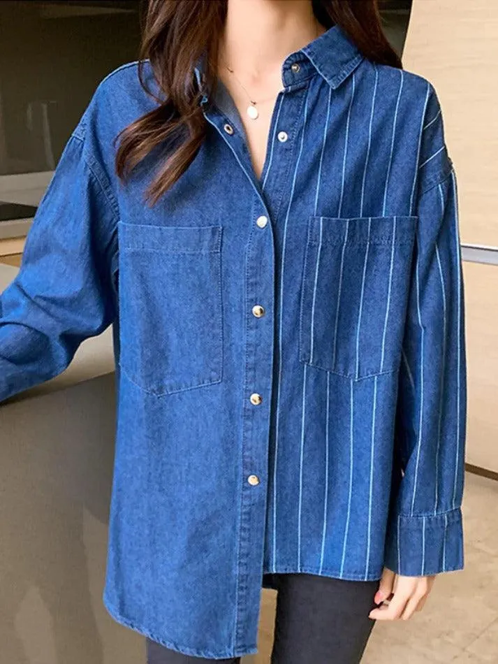 Uniwim ootd Vintage Striped Splice Denim Blouses&Shirts