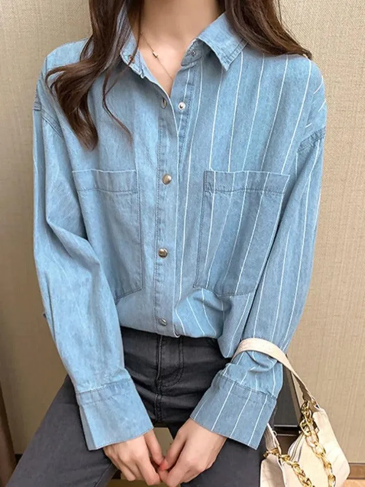 Uniwim ootd Vintage Striped Splice Denim Blouses&Shirts