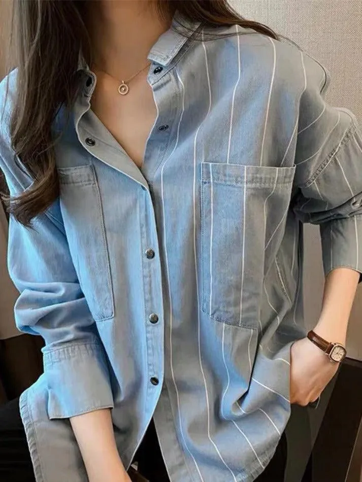 Uniwim ootd Vintage Striped Splice Denim Blouses&Shirts