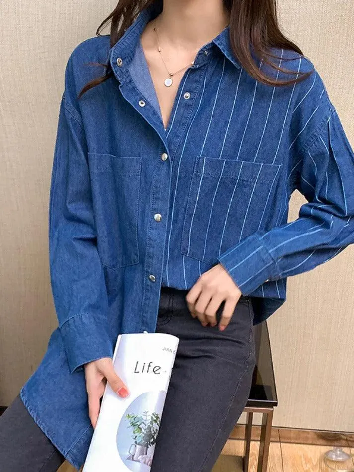 Uniwim ootd Vintage Striped Splice Denim Blouses&Shirts