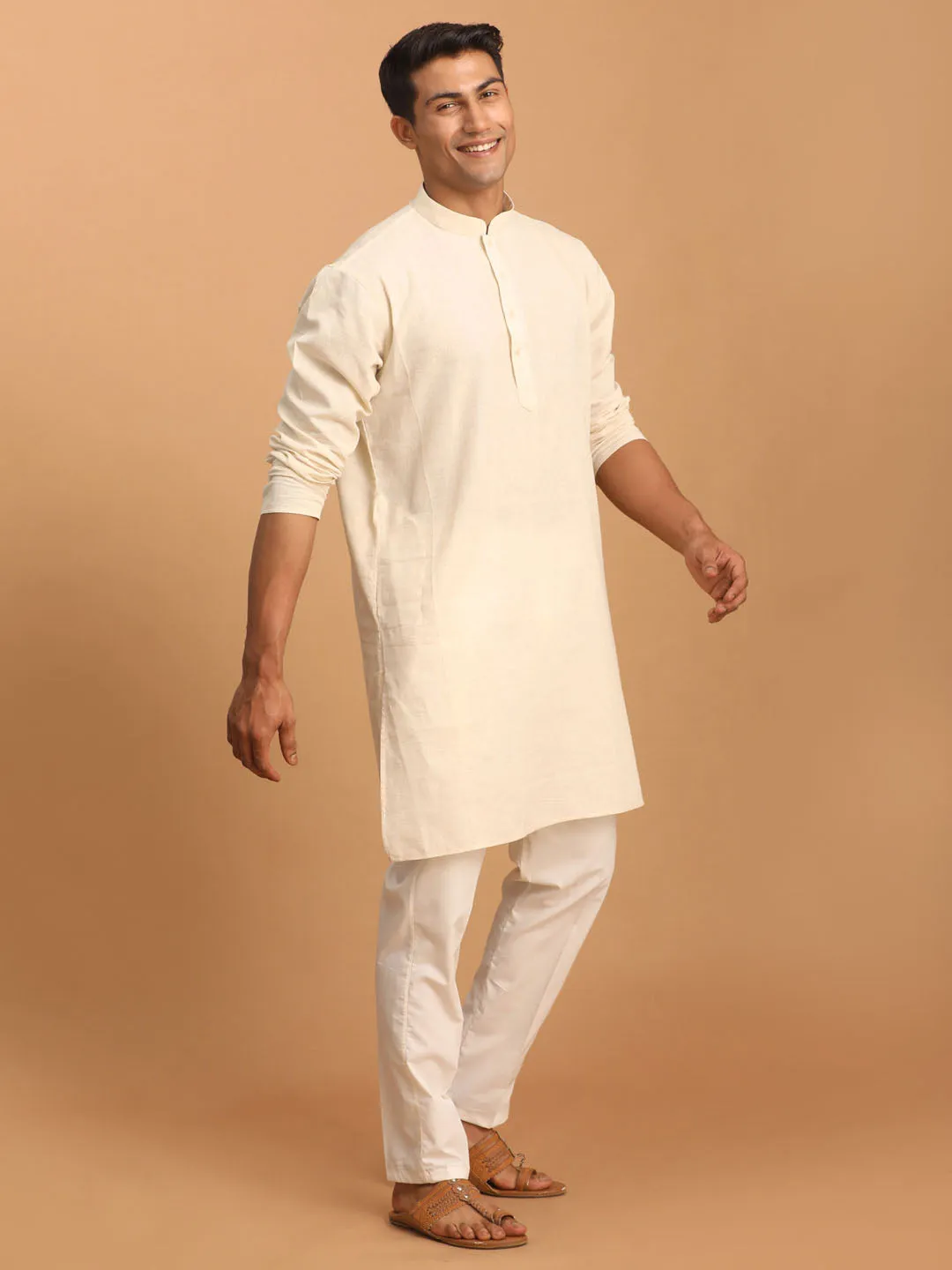 VASTRAMAY Cream Cotton Kurta Set