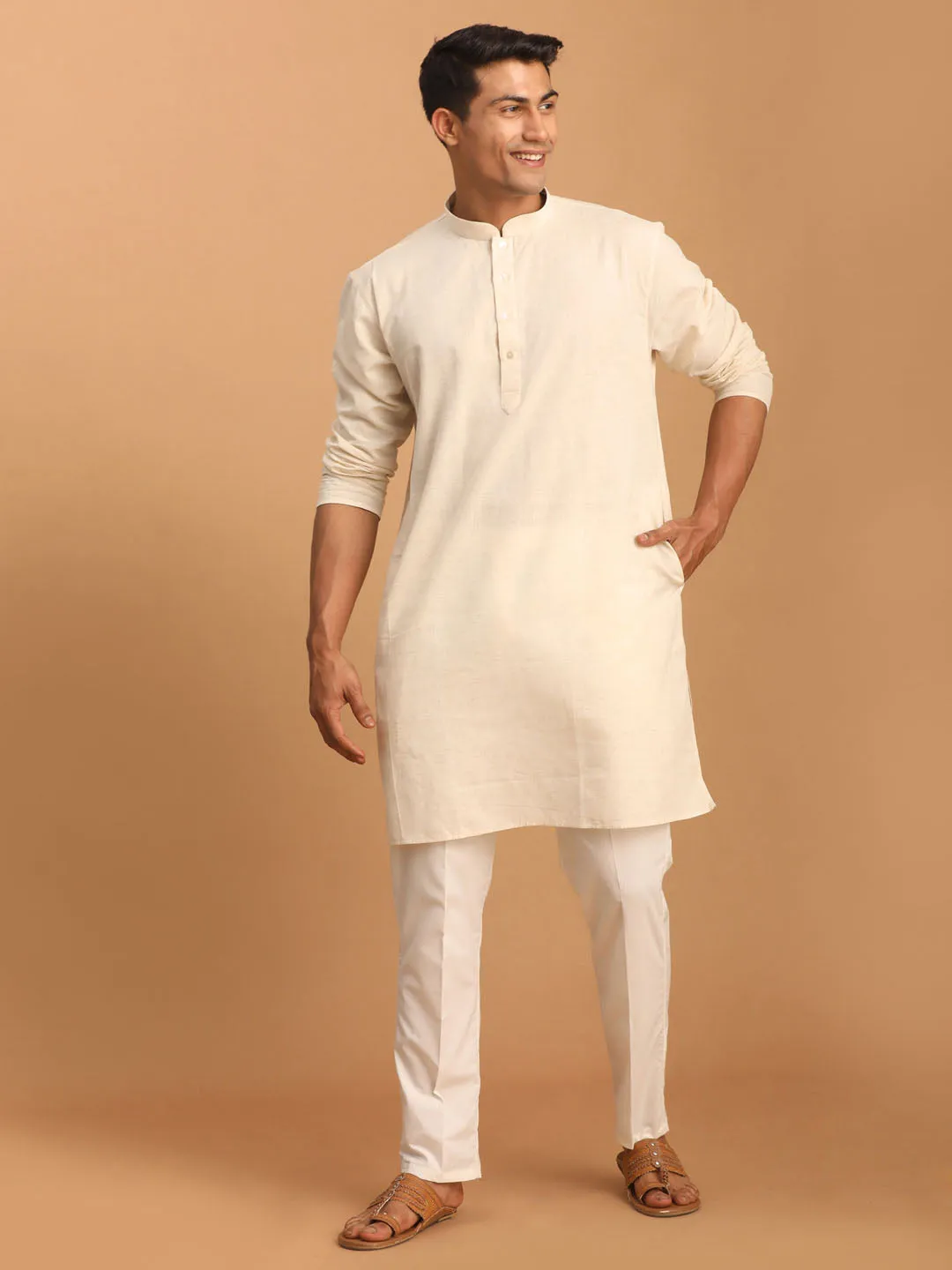 VASTRAMAY Cream Cotton Kurta Set