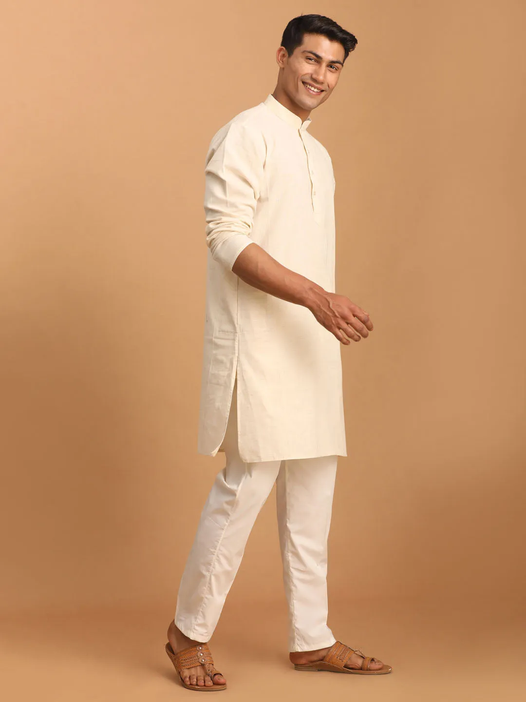 VASTRAMAY Cream Cotton Kurta Set