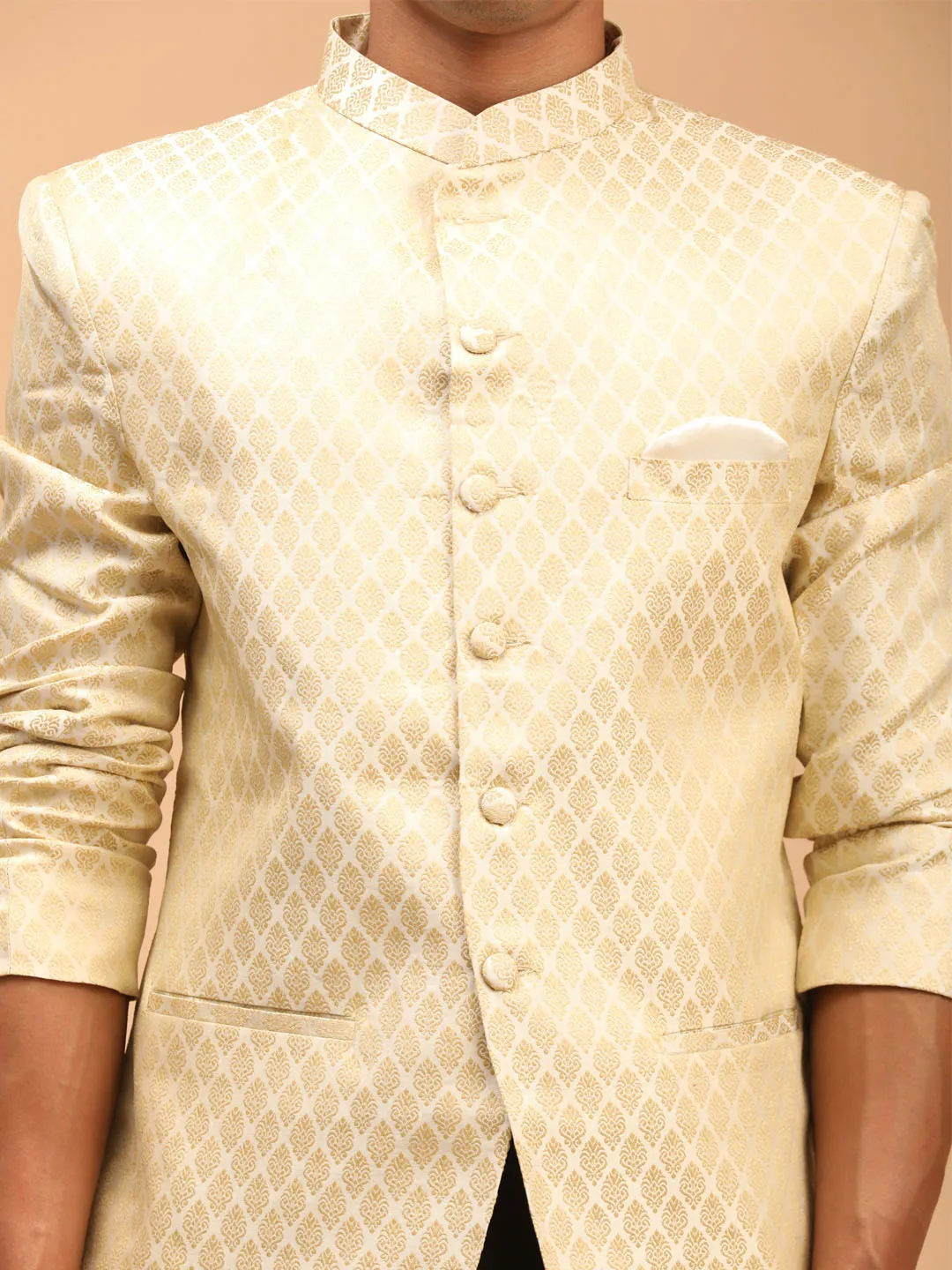 VASTRAMAY Cream Silk Blend Solid  Baap Beta Jodhpuri Set