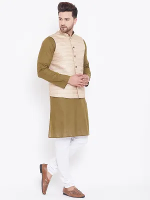 VASTRAMAY Men's Beige Green Cotton Jacket Set