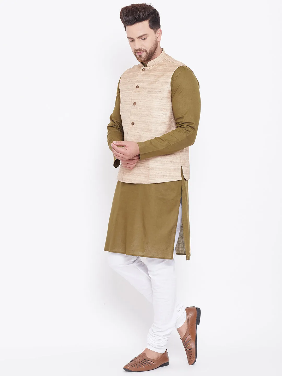 VASTRAMAY Men's Beige Green Cotton Jacket Set